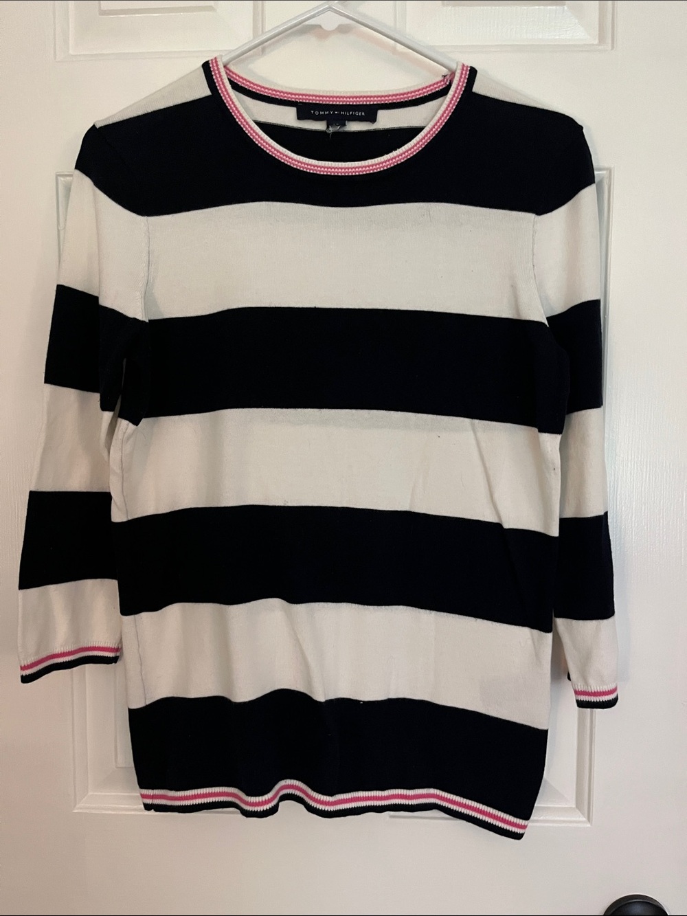 Tommy Hilfiger Black & White Striped Crewneck Sweater with Pink Trim